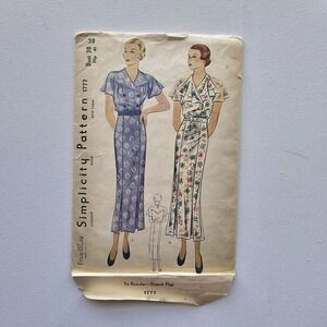 1930s Vintage 38" Bust Simplicity 1777 Flutter Sleeve Dress Sewing Pattern